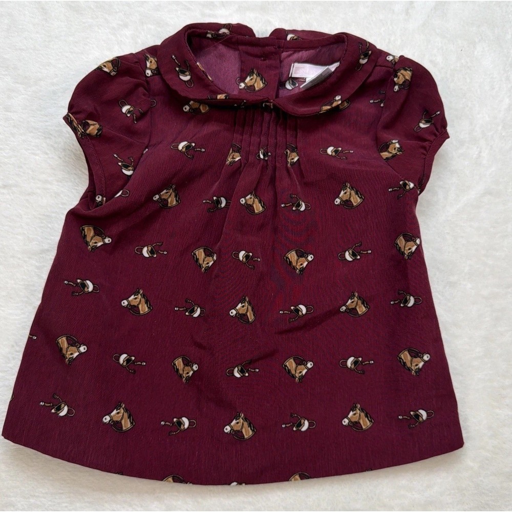 Janie and‎ Jack Baby Girl Horse Print Top 3-6M Burgundy Equestrian Blouse